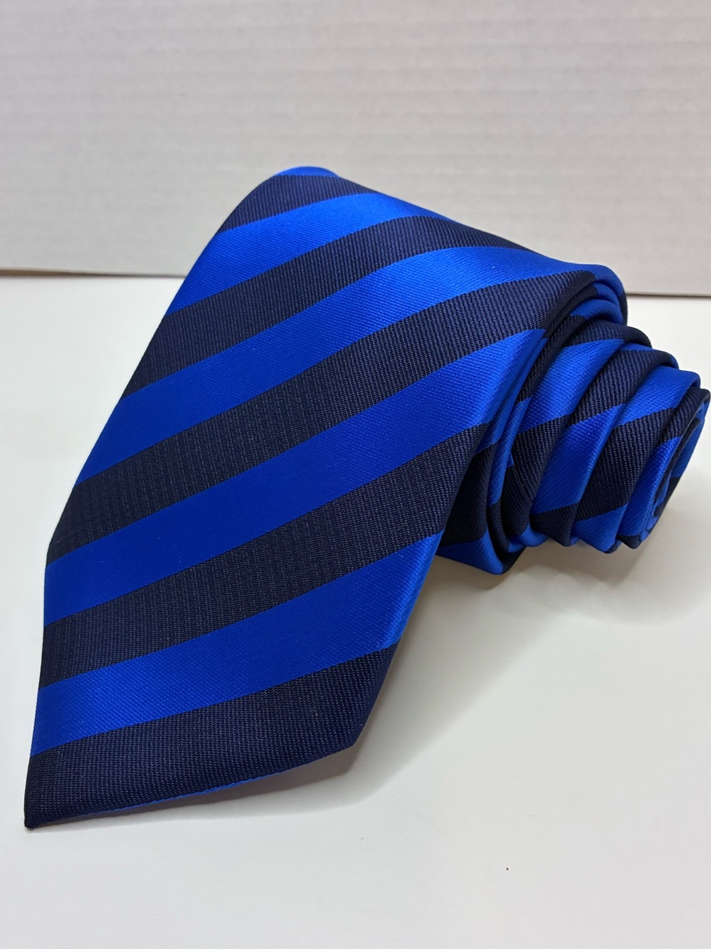 Vintage HUGO BOSS Silk Tie Blue Black Diagonal Stripe Mens Necktie 57" x 3.75"